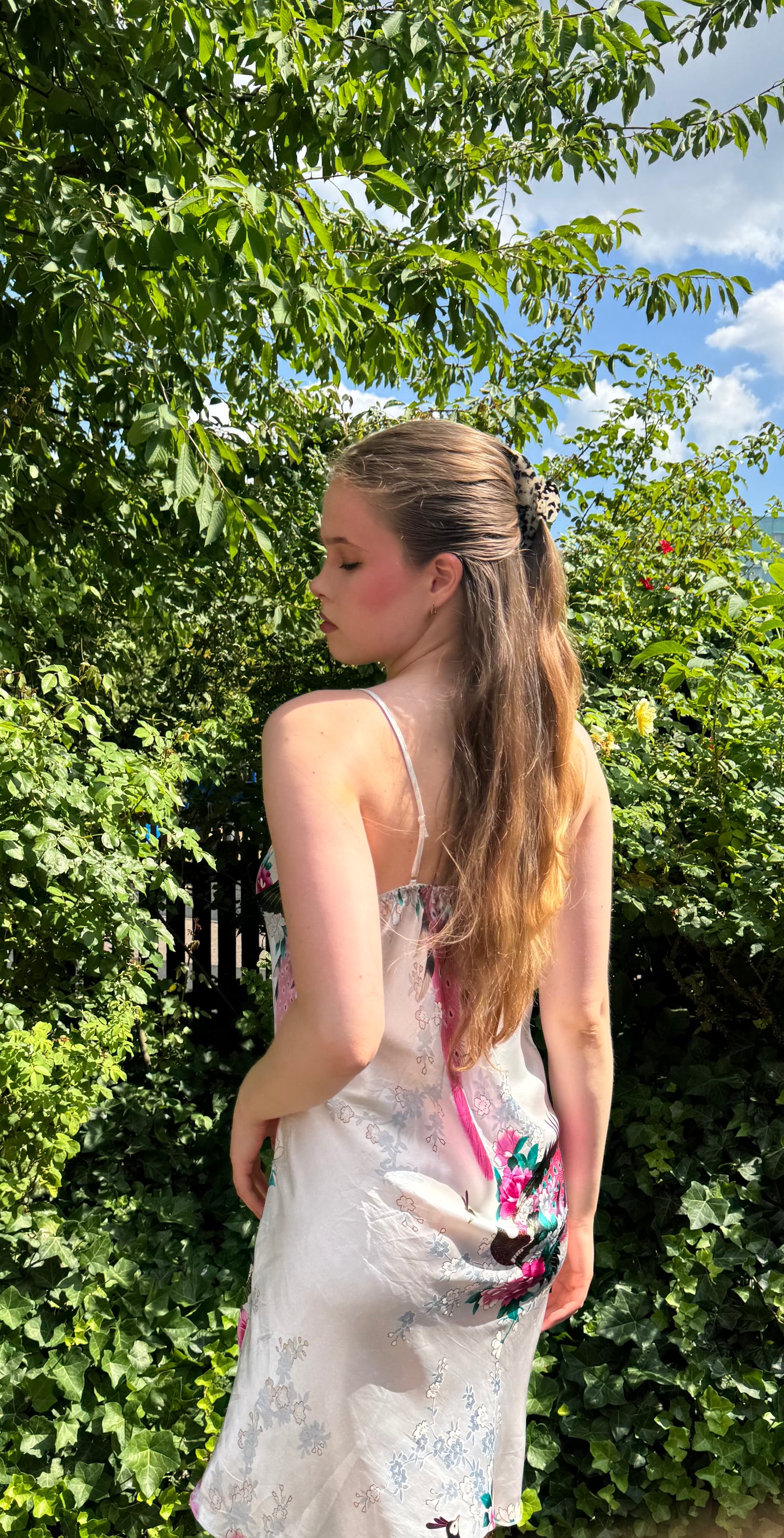 Vintage Peacock Floral Satin Midi Dress