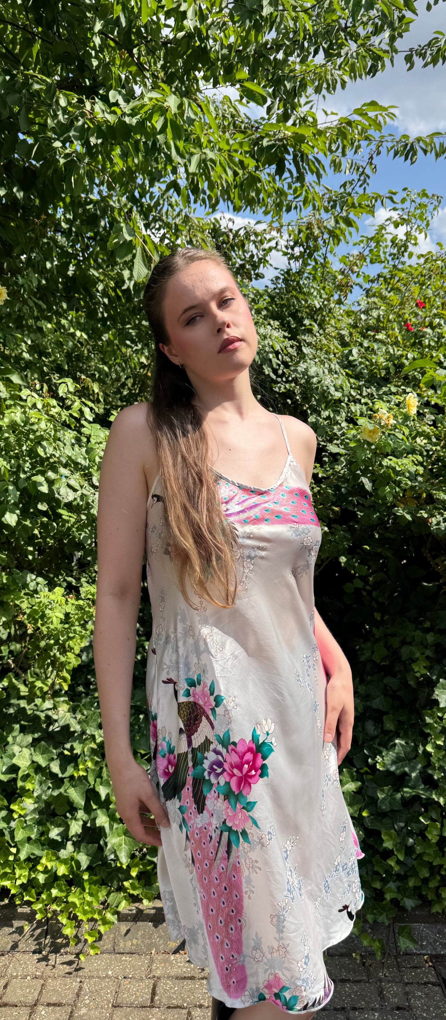 Vintage Peacock Floral Satin Midi Dress