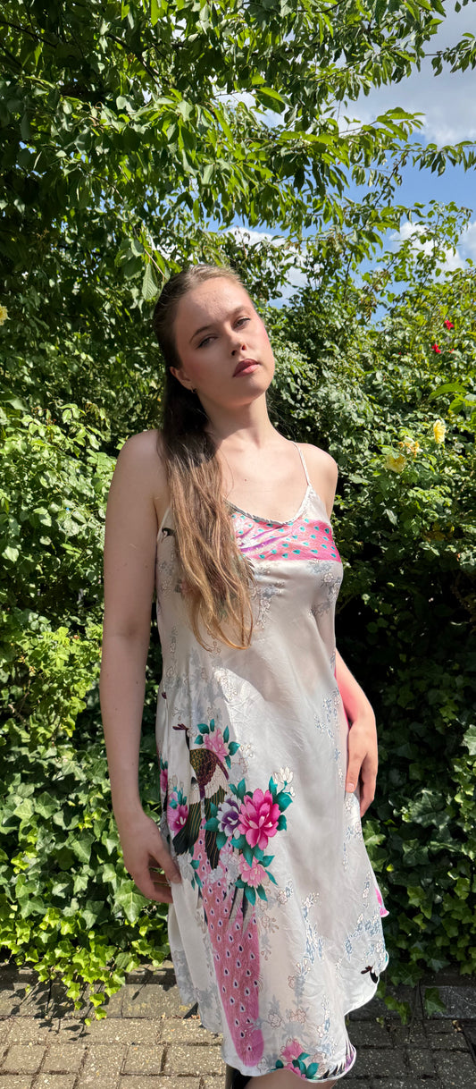 Vintage Peacock Floral Satin Midi Dress