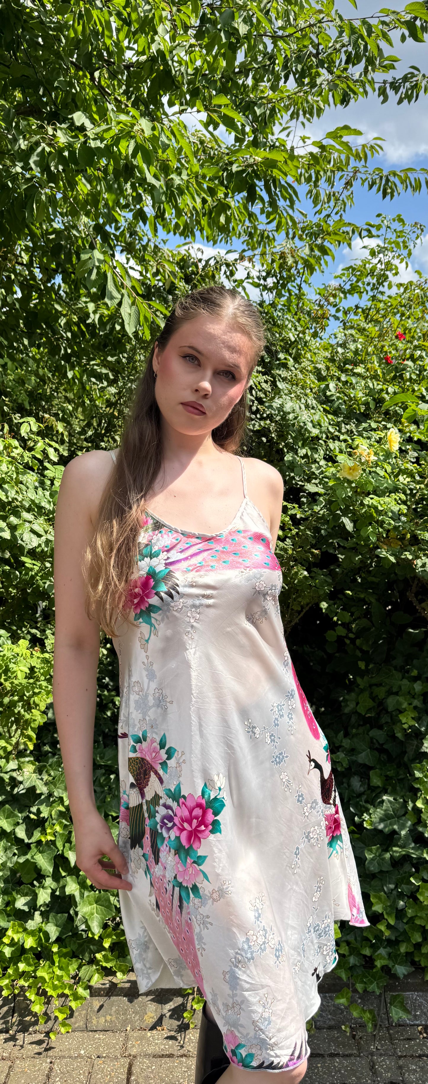 Vintage Peacock Floral Satin Midi Dress