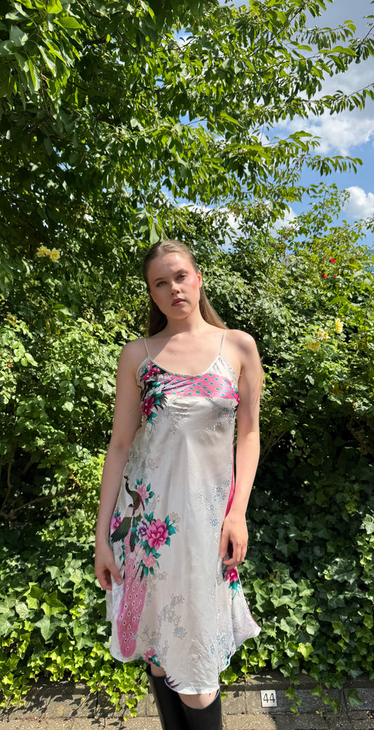 Vintage Peacock Floral Satin Midi Dress