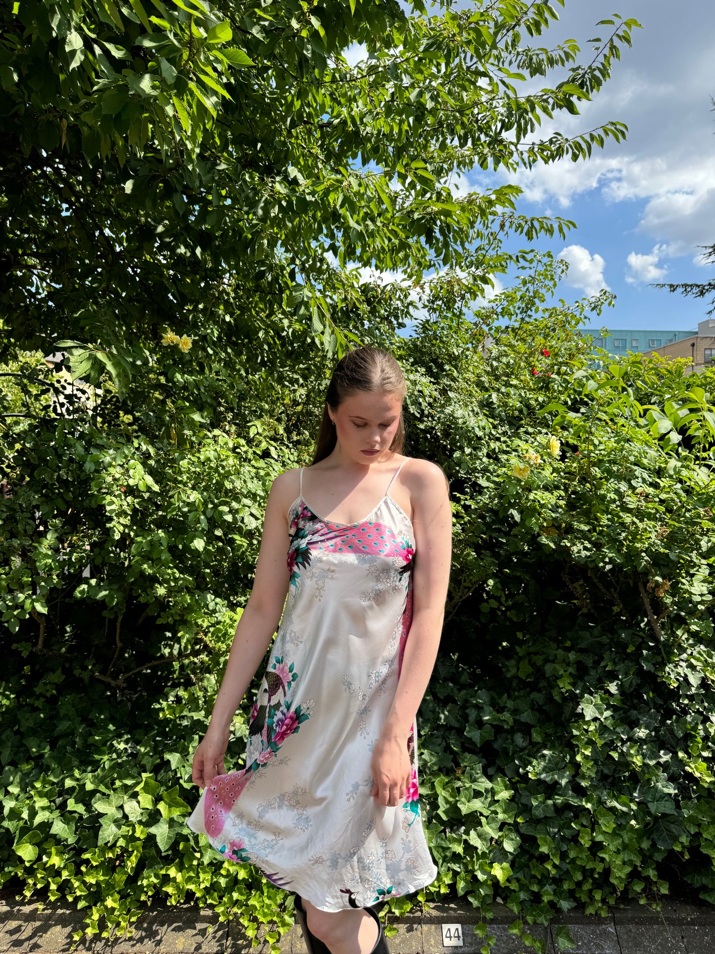 Vintage Peacock Floral Satin Midi Dress