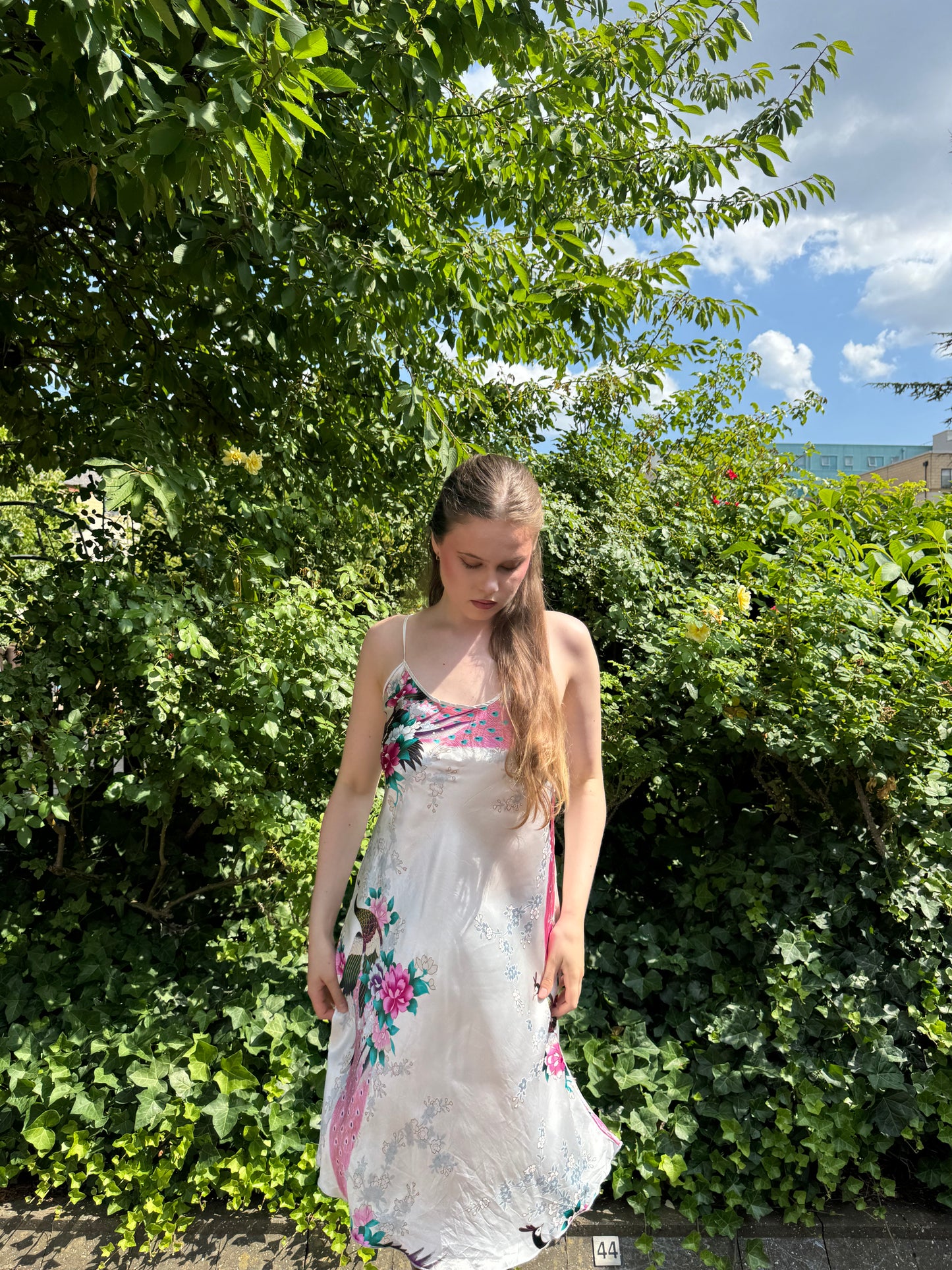 Vintage Peacock Floral Satin Midi Dress