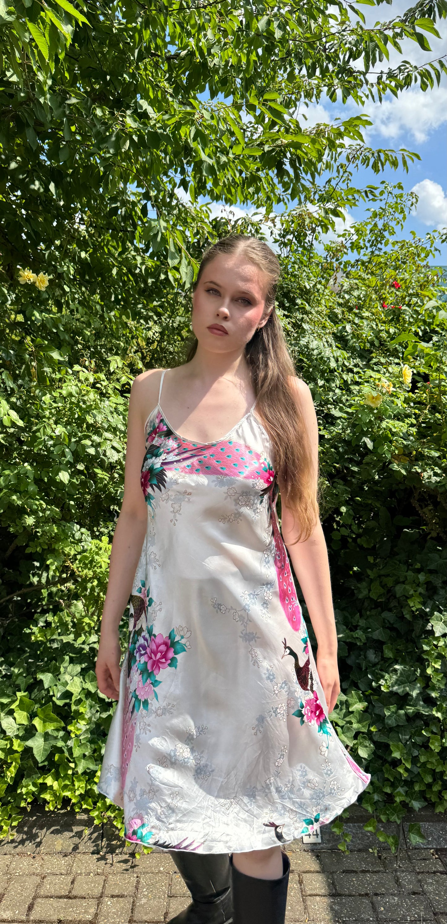 Vintage Peacock Floral Satin Midi Dress