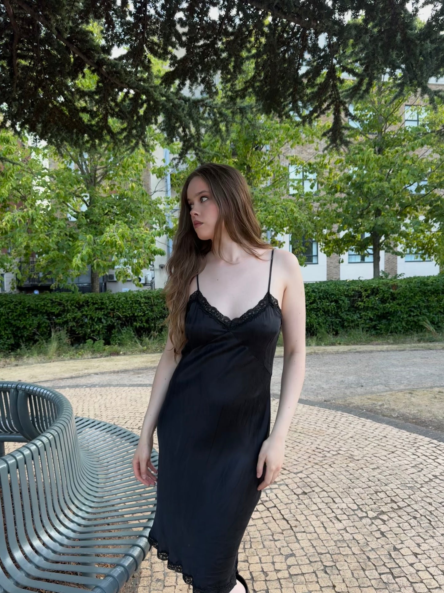Vintage black midi dress with lace detailing