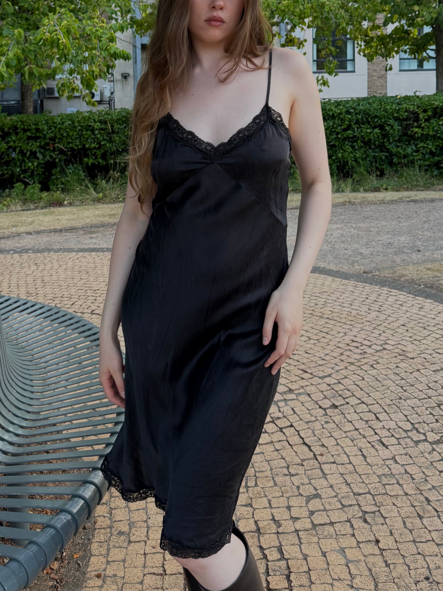 Vintage black midi dress with lace detailing