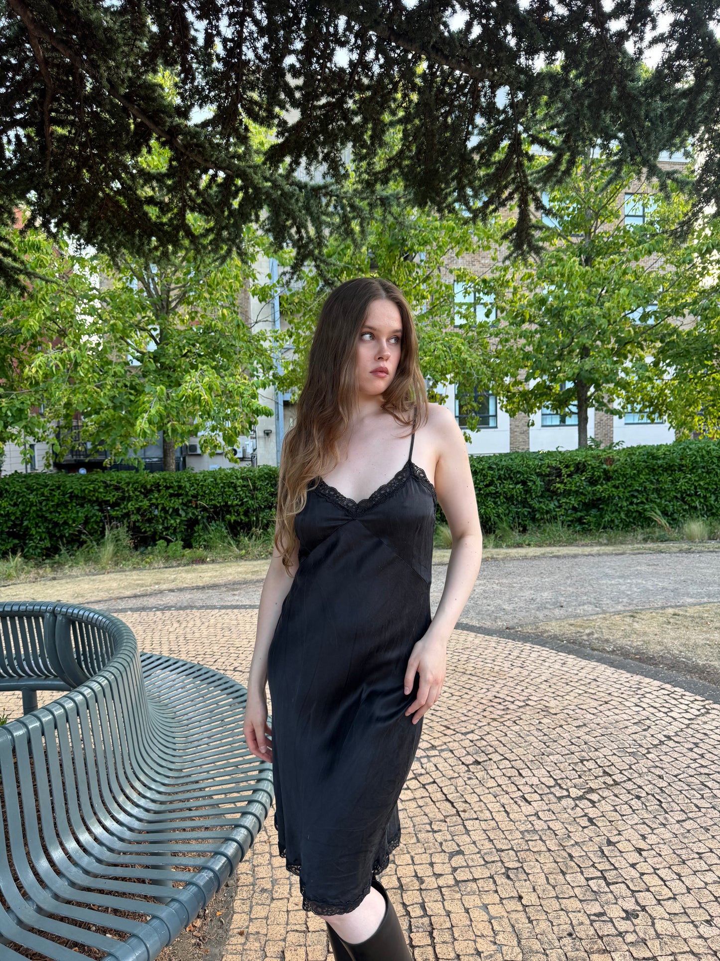 Vintage black midi dress with lace detailing