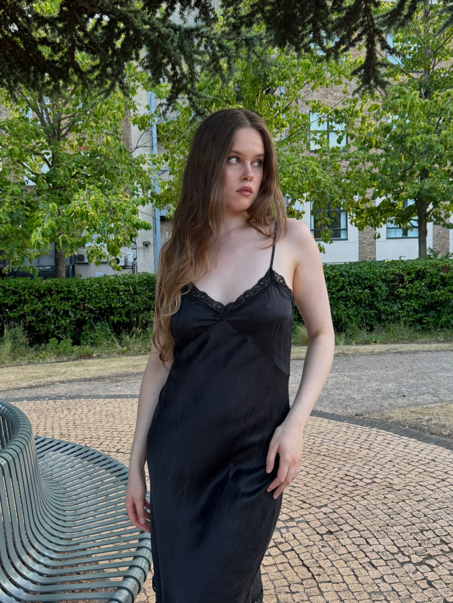 Vintage black midi dress with lace detailing
