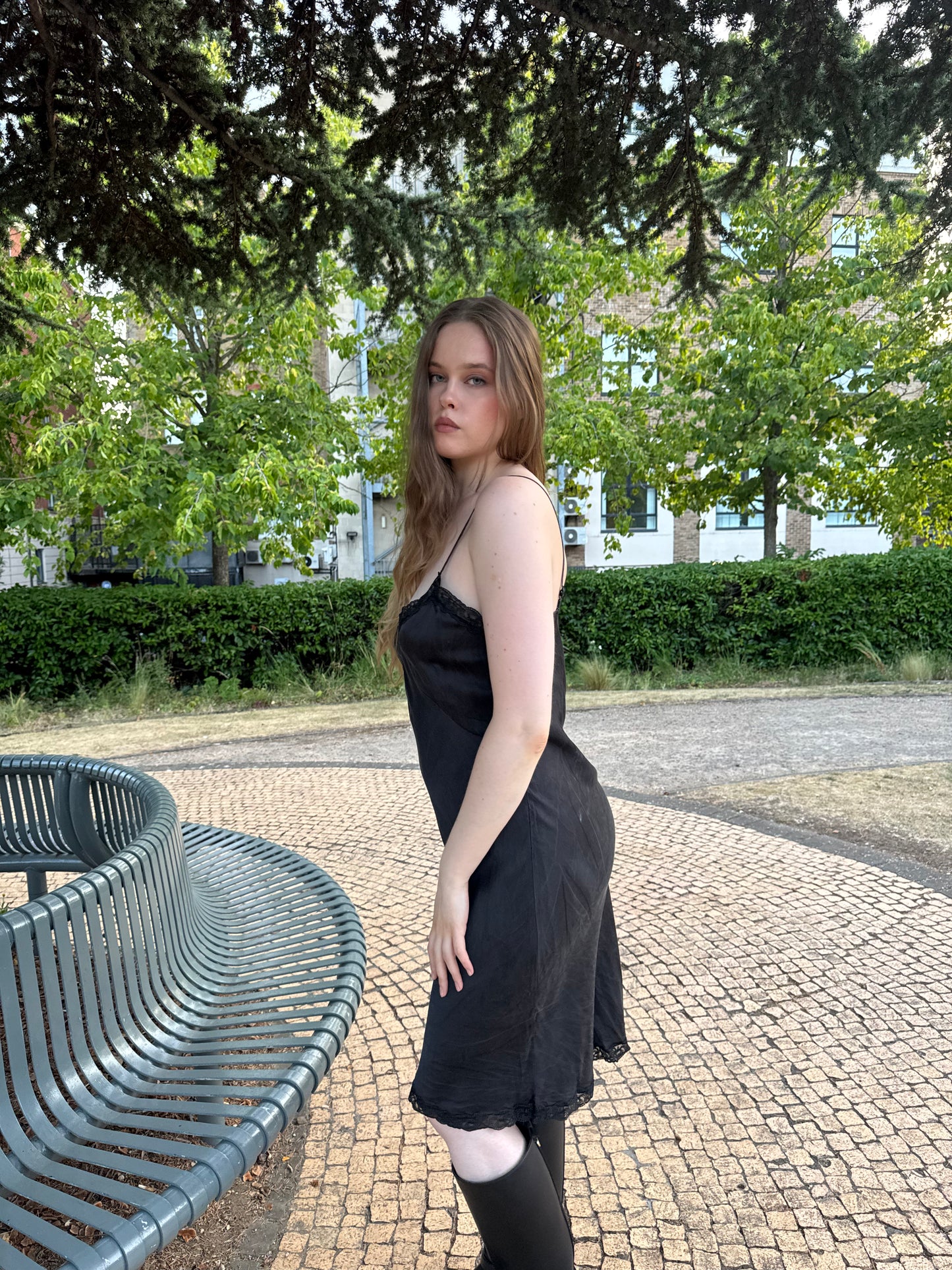 Vintage black midi dress with lace detailing