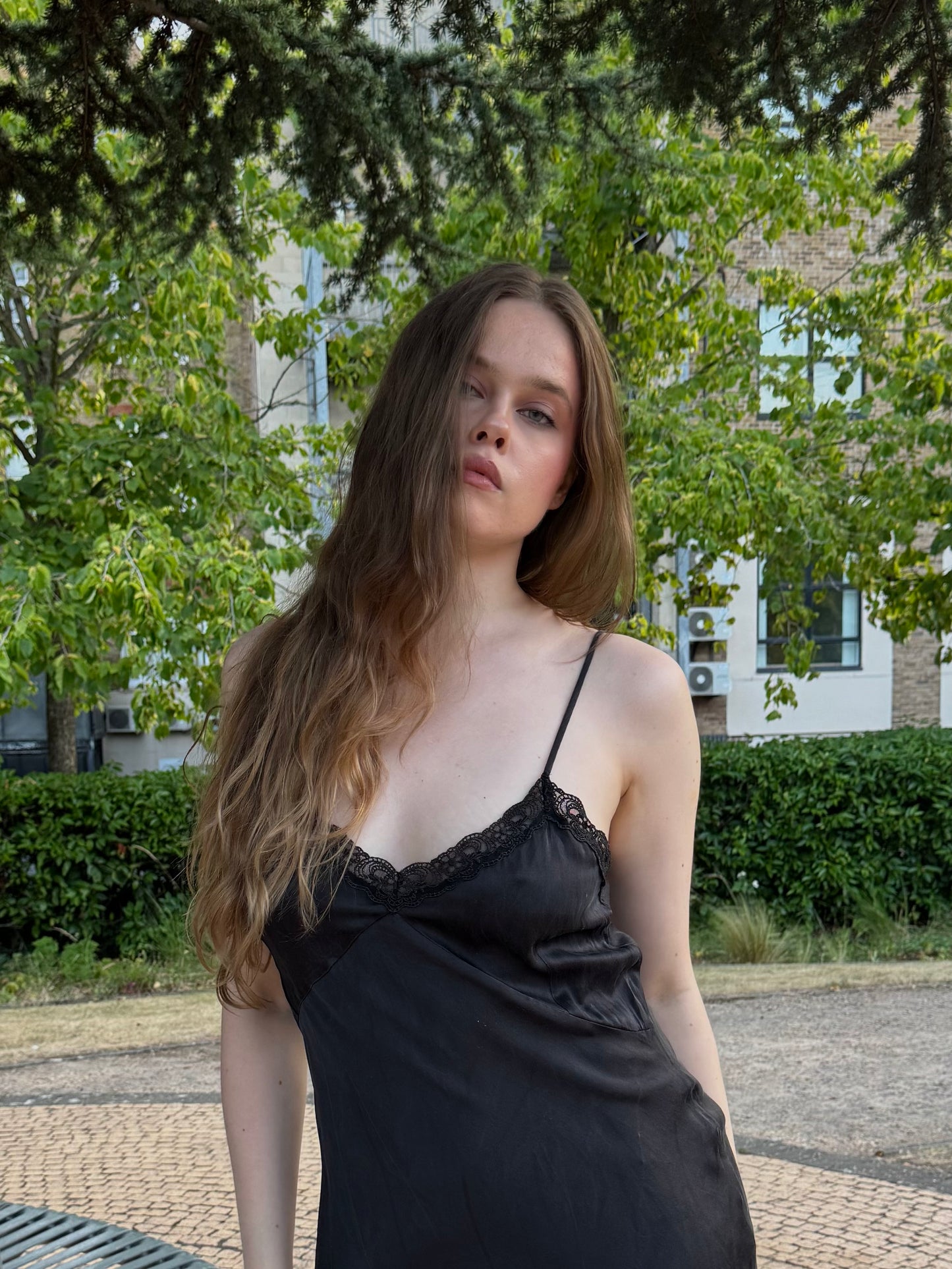 Vintage black midi dress with lace detailing