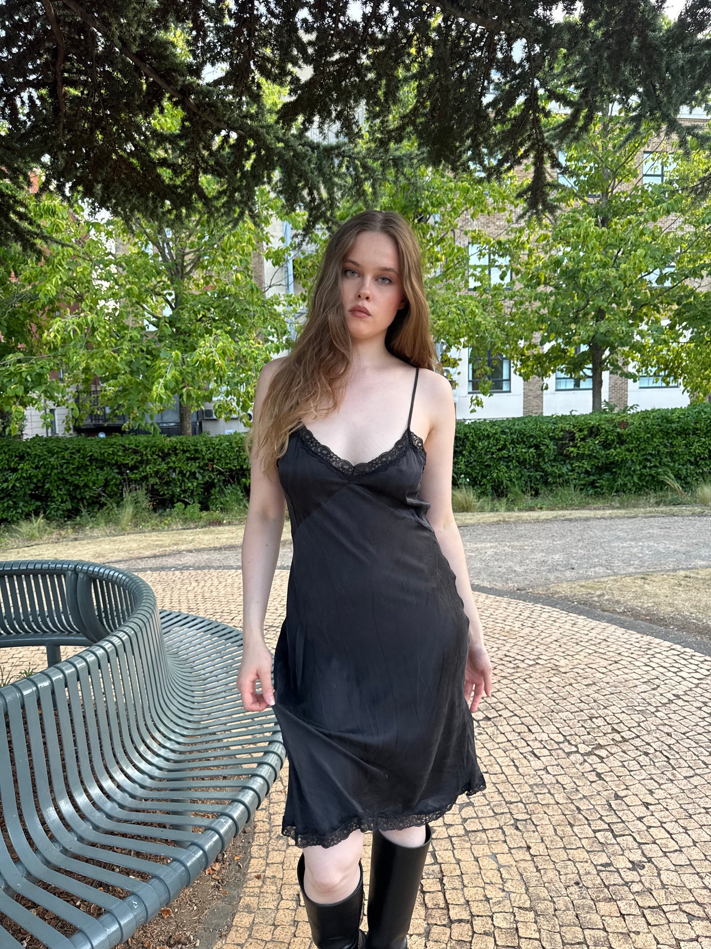Vintage black midi dress with lace detailing