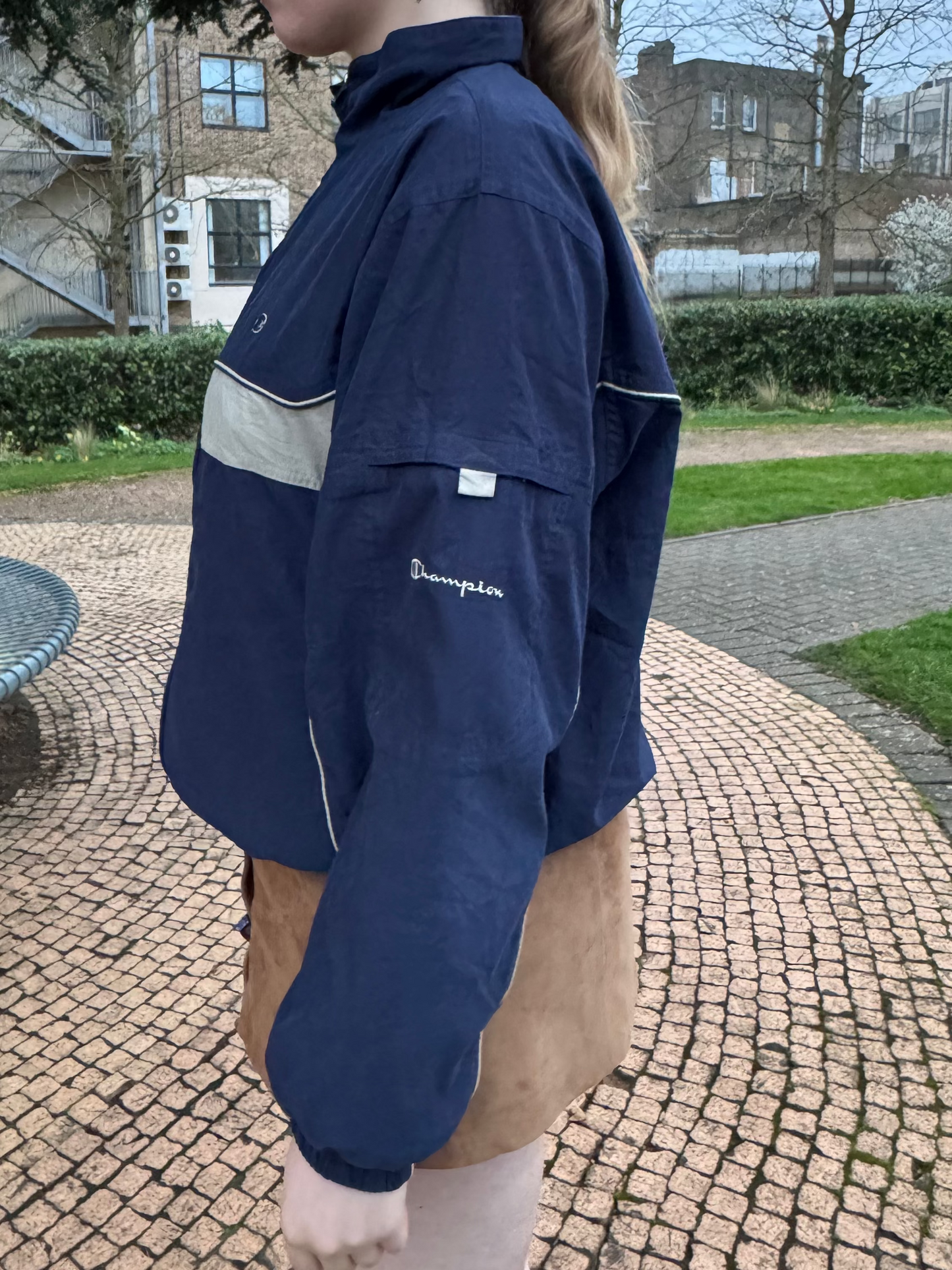 90's Navy Blue & Tan Champion Vintage Windbreaker Jacket