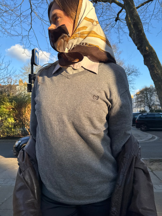 Chaps Cotton Cashmere Grey V Neck Jumper